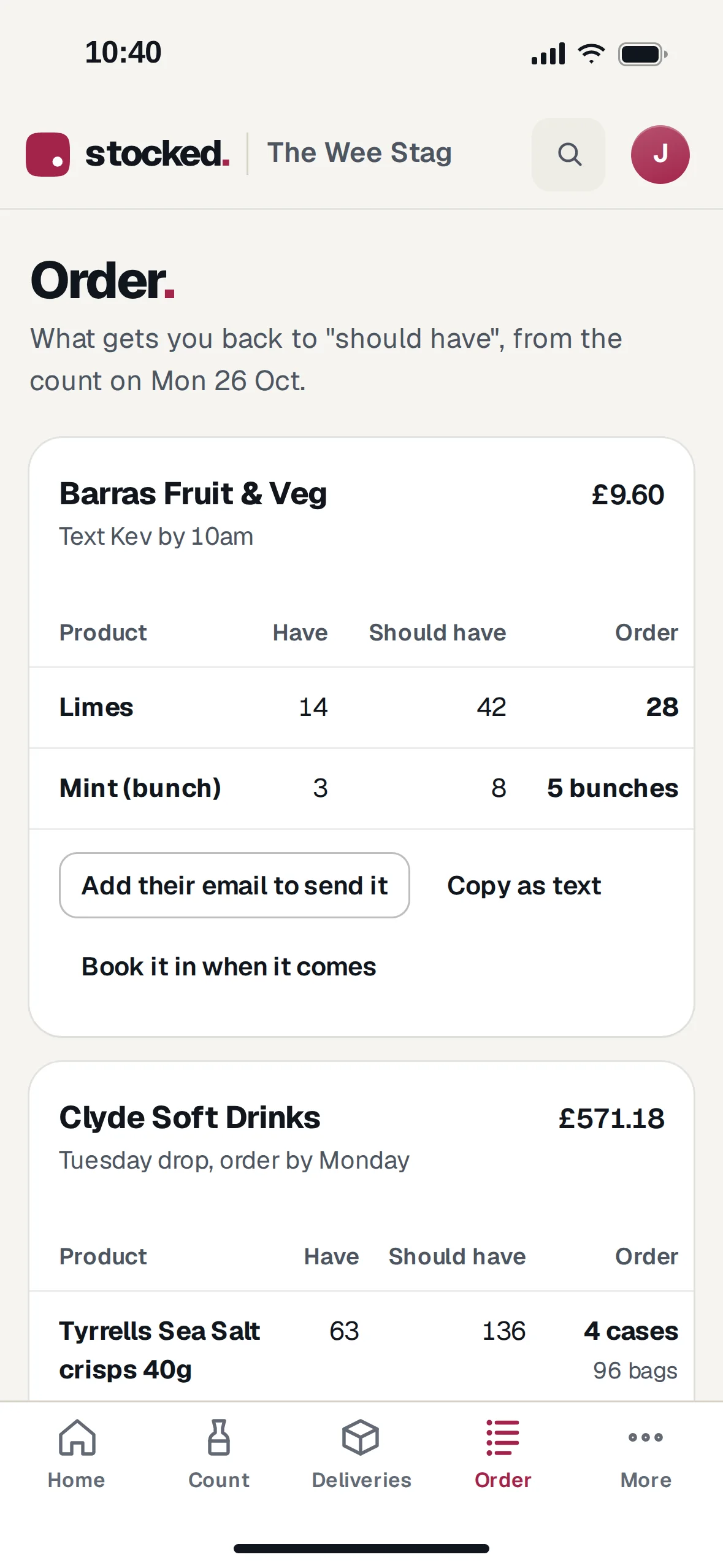 The order on a phone, split by supplier