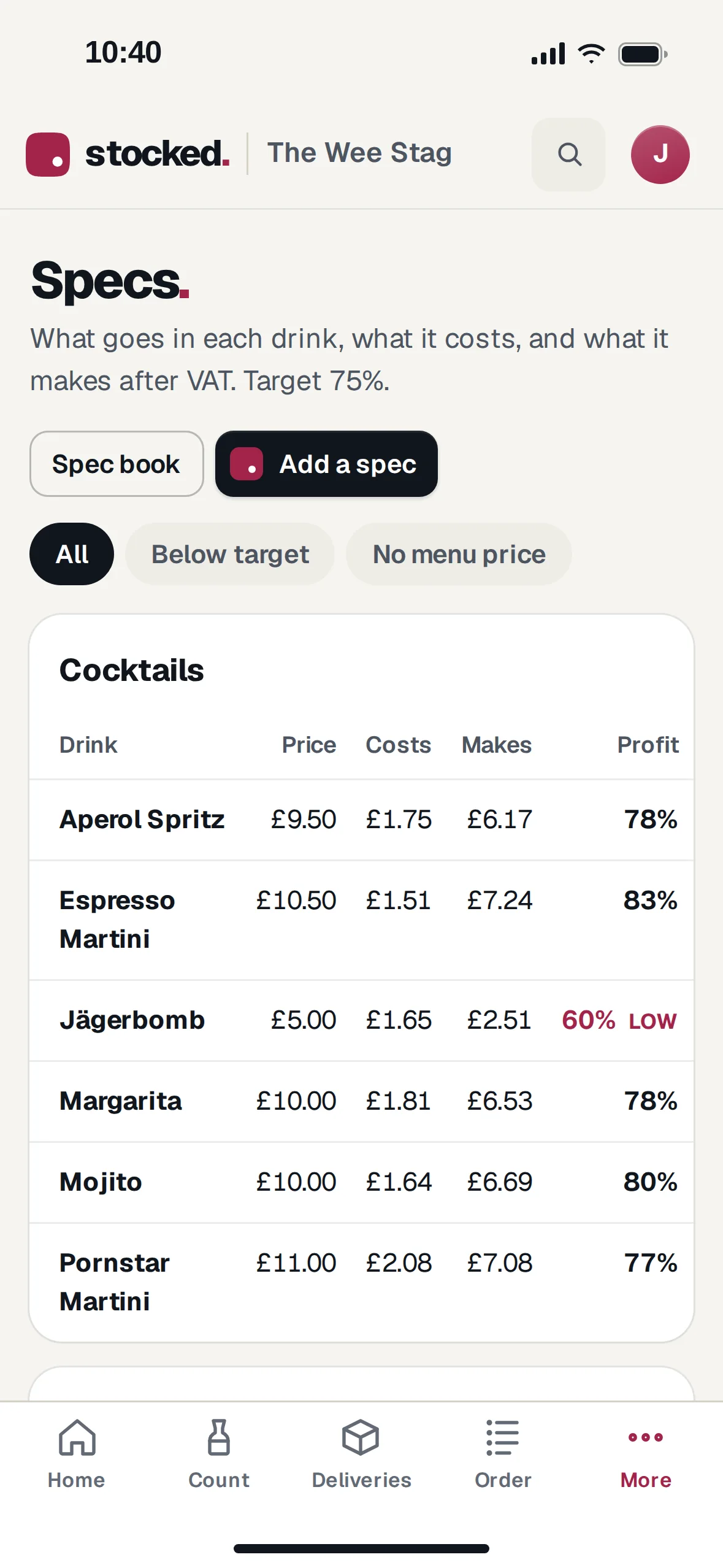 Specs on a phone: each drink with its price, cost, profit and the price for your target